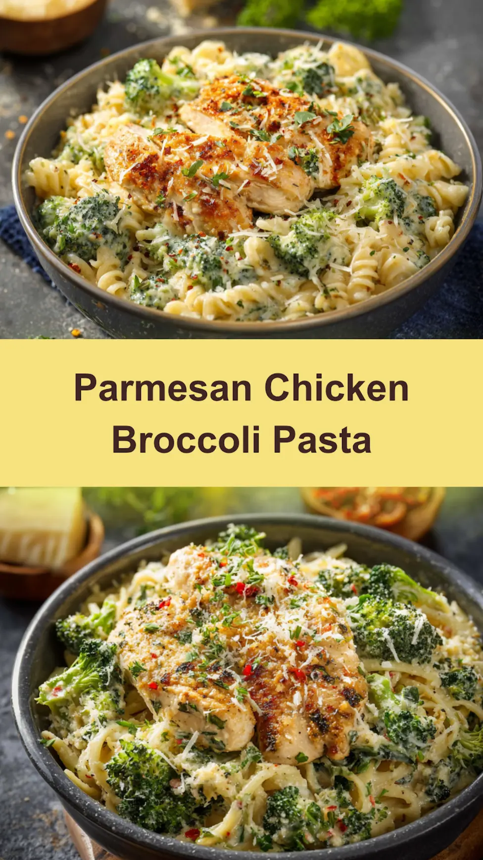 Parmesan Chicken Florentine Broccoli Pasta recipe, served and ready to eat, easy homemade dinner_pin
