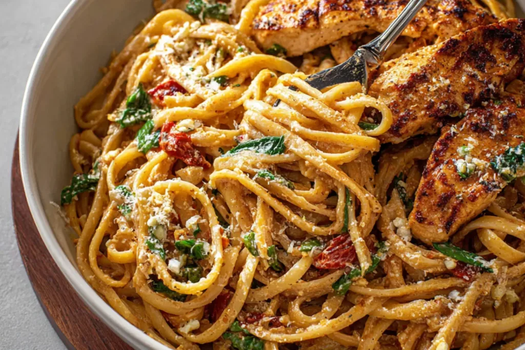 Spicy Tuscan Chicken Pasta recipe, served and ready to eat, easy homemade dinner
