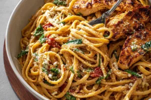 Spicy Tuscan Chicken Pasta recipe, served and ready to eat, easy homemade dinner