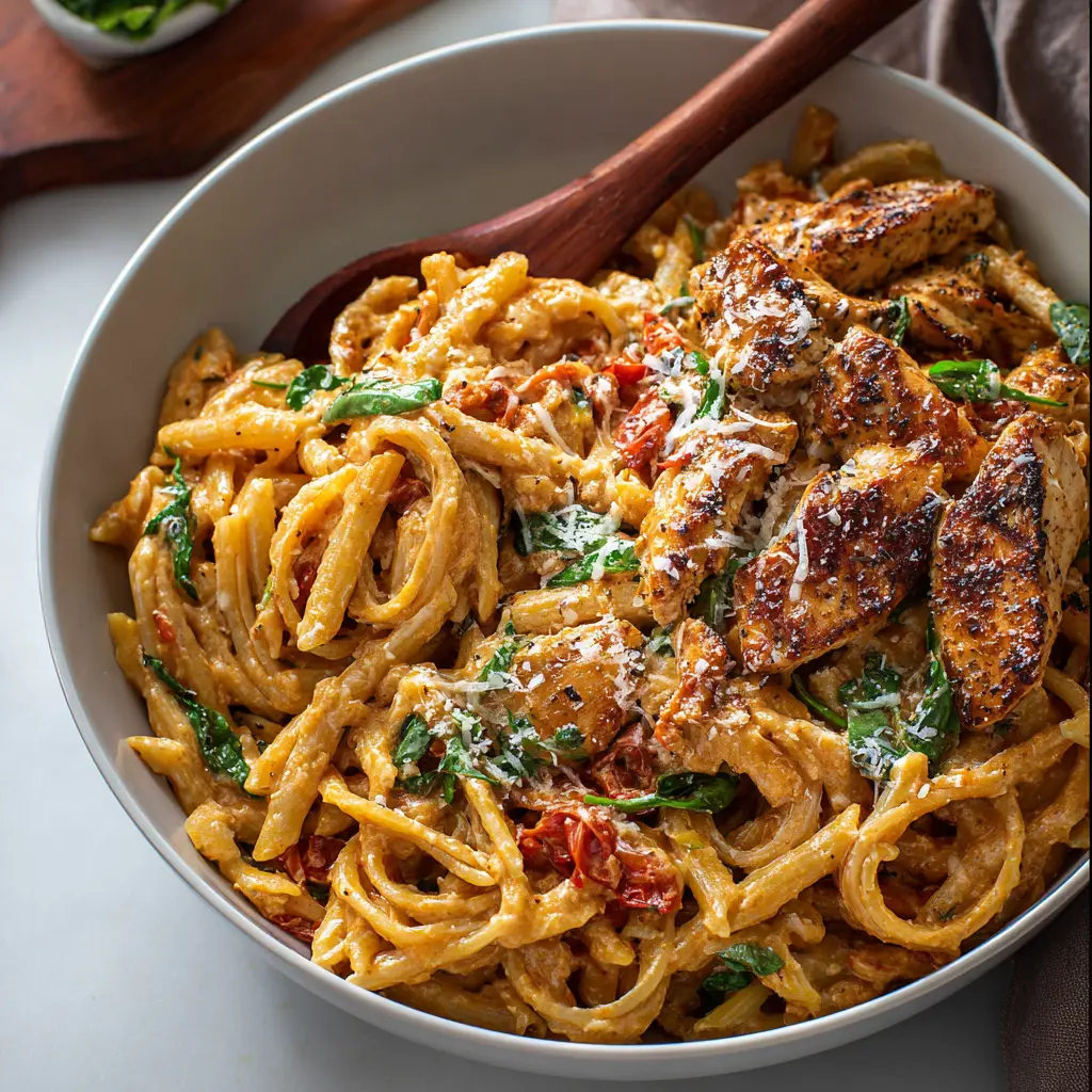Spicy Tuscan Chicken Pasta served in a bowl, creamy sun-dried tomato sauce over linguine with sliced chicken