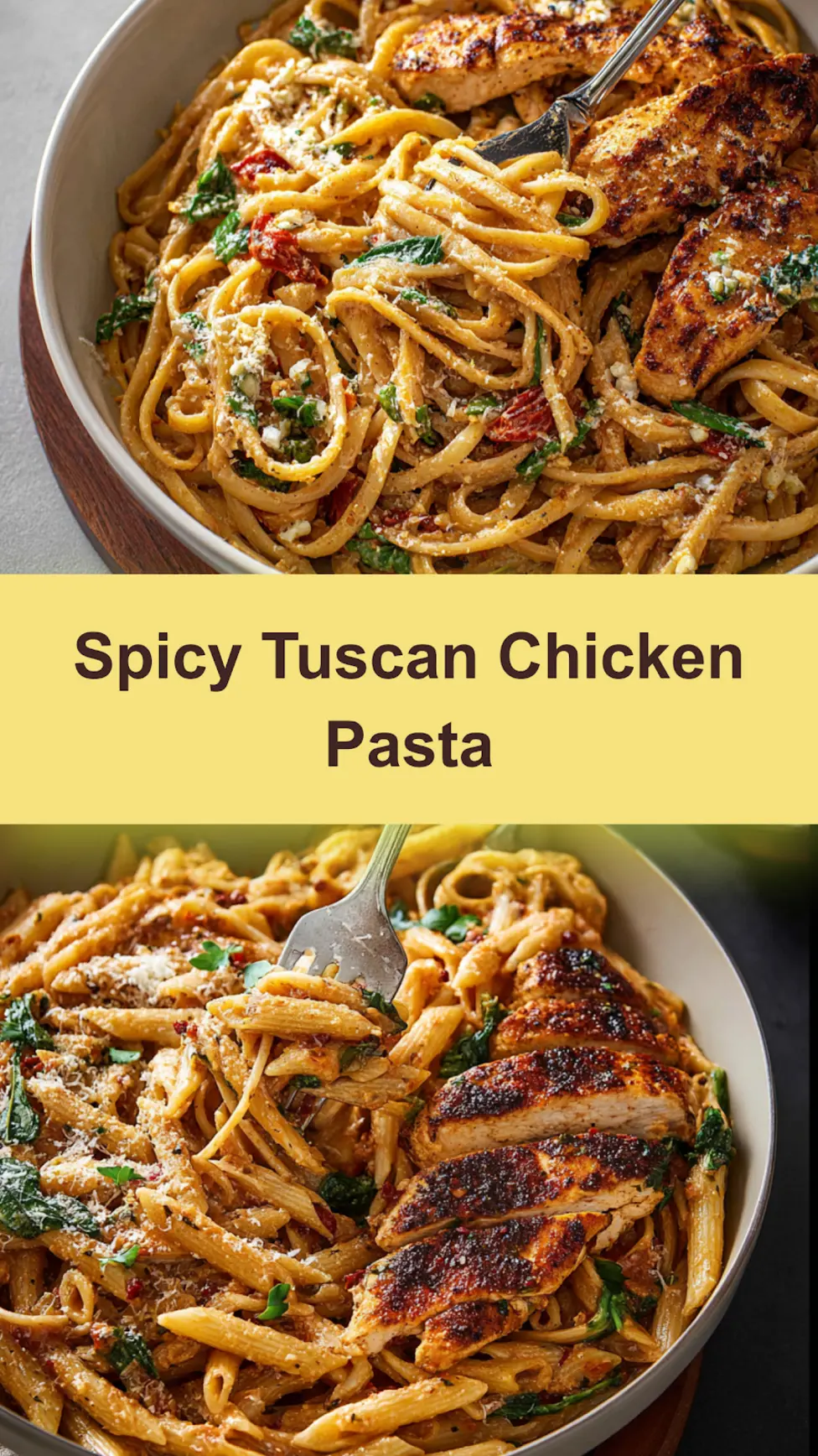 Spicy Tuscan Chicken Pasta recipe pin  creamy sun-dried tomato sauce over linguine, easy homemade dinner