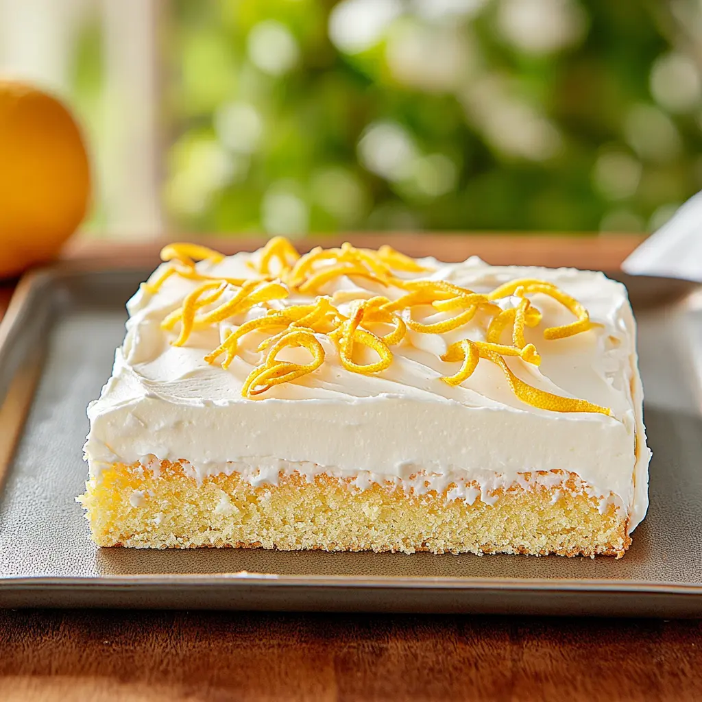 Spring lemon sheet cake with bright yellow buttercream frosting and fresh lemon slices