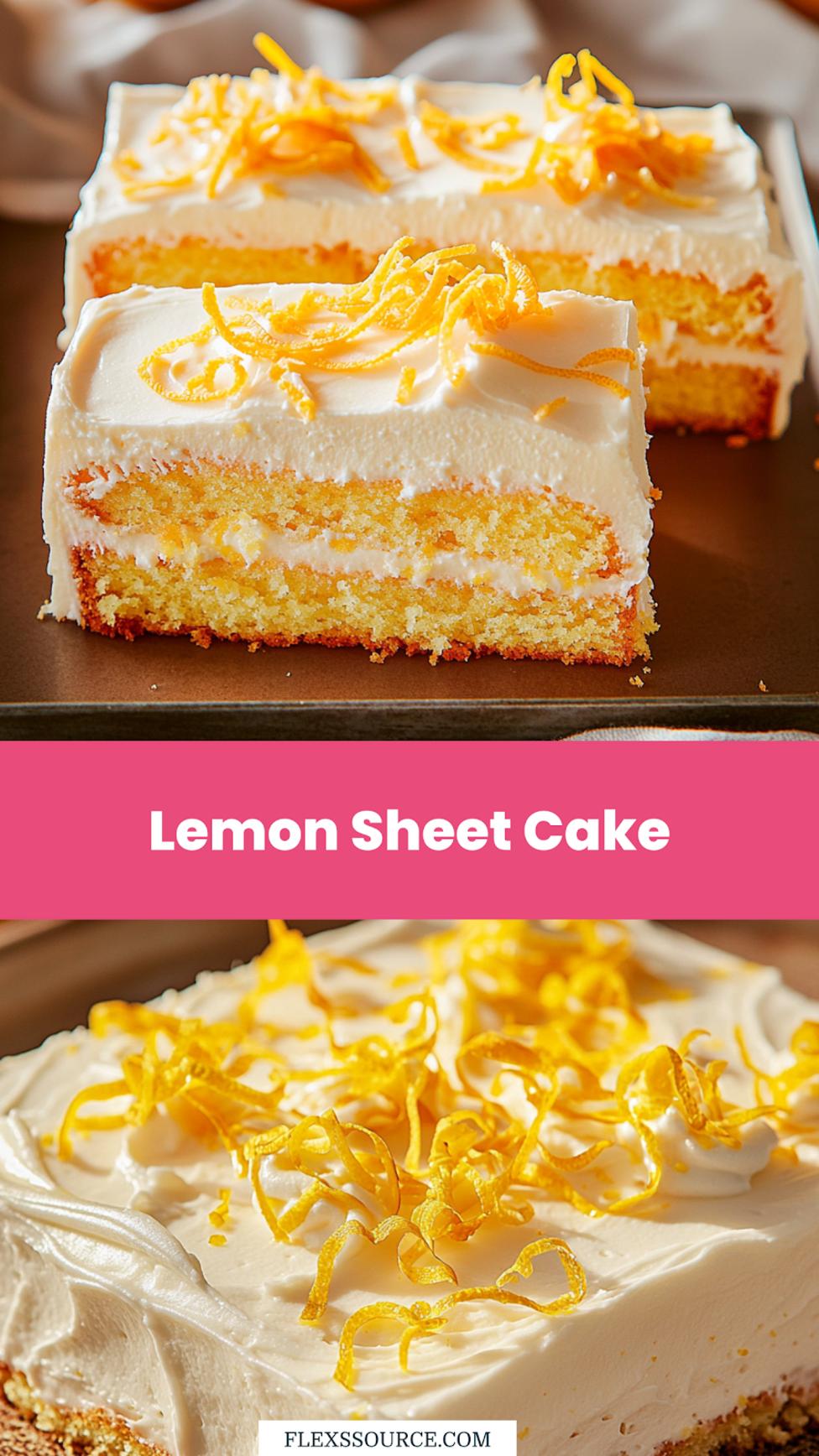 Spring lemon sheet cake with lemon buttercream frosting and fresh lemon garnish