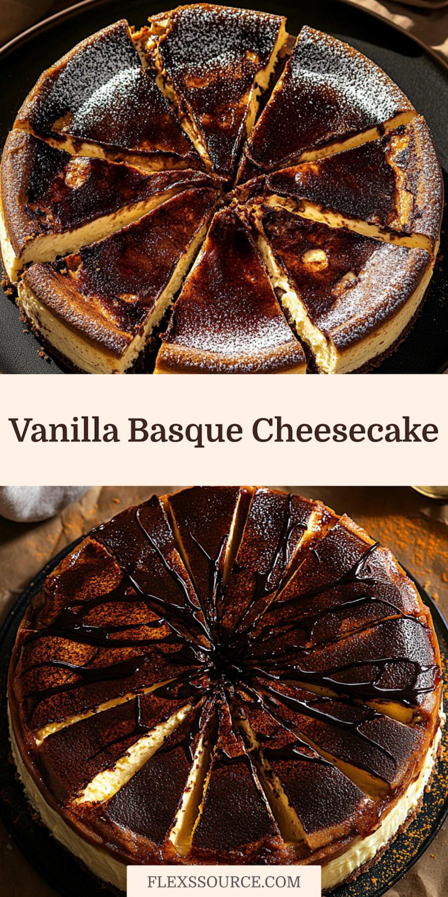 VANILLA BURNT BASQUE CHEESECAKE centered hero view, clean and uncluttered_pin